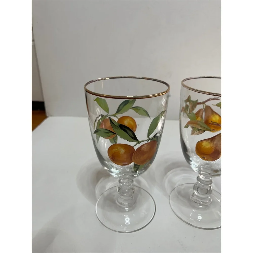 Vintage Royal Worcester Hand Painted Fruit Water Goblets Gold Rim Orange Pear